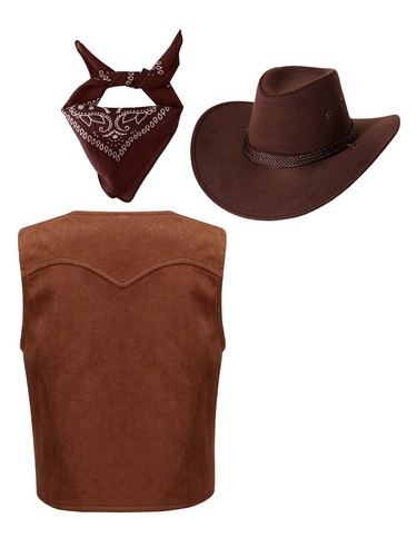 Kids Boys Girls Western Cowboy Cowgirl Outfit Open Front Vest with Bandanna Hat - 第 10/17 張圖片