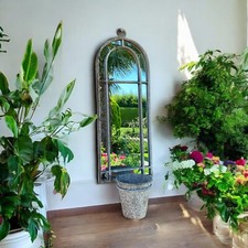 Outdoor Arched Wall Mirror with Planter – Rustic Patina Finish & Garden Accent