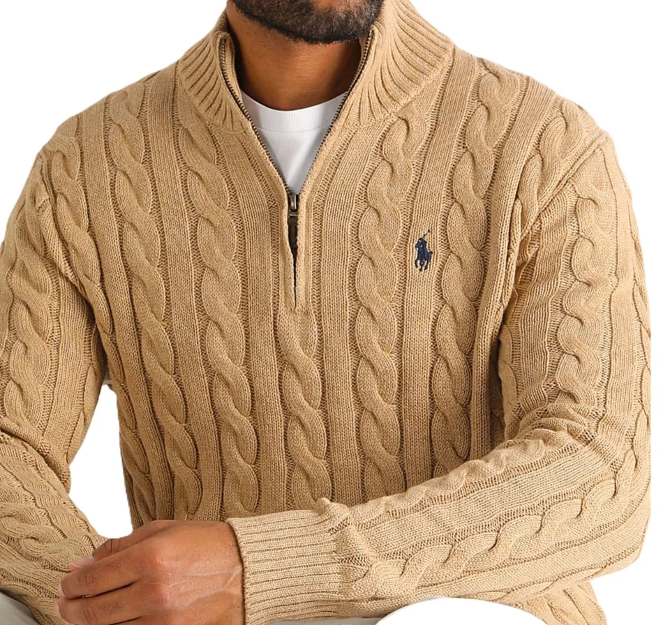 NUEVO CON ETIQUETAS - Suéter Polo Ralph Lauren Para Hombre 1/4 Cremallera Tejido con Cable Algodón: CAMEL - M - XXL Foto 4 de 4