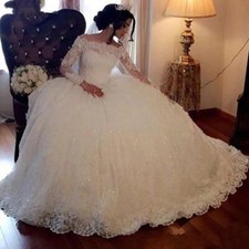 White Ball Gown Wedding Dress Long Sleeves Lace Sequin Appliques Plus Size Forma