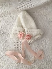 Hand Crocheted Infant Cap With Satin Rose Accents, Vintage 1950s