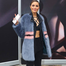 Shrimps Frederica Blue Pink Black Striped Colorblock Agnes Faux Fur Long Coat