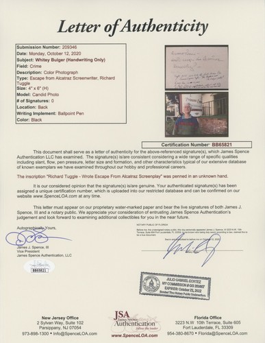 Whitey Bulger Hand Written Letter "Alcatraz / On the Run" JSA COA from Cellmate - Picture 6 of 6
