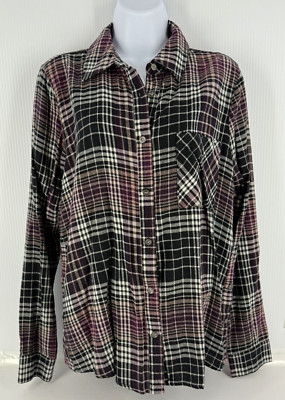 BKE Buckle Flannel Boyfriend Shirt Women Medium Black Gray Plaid Long Sleeve NWT