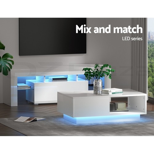 Artiss Coffee Table LED Lights High Gloss Storage Drawer Modern Furniture White - Picture 9 of 11
