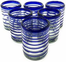 Hand Blown Mexican Drinking Glasses – Set of 6 Tumbler Glasses with Blue...