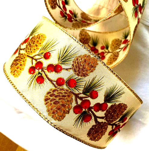 Pinecones 2.5" by 5 yds Red Berries & Boughs Winter Wired Ribbon Gold Glitter - Picture 2 of 8
