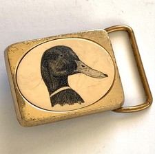 Vintage Barlow Solid Brass Belt Buckle with Mallard Duck Scrimshaw Made In USA