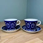 Arabia Finland Cobalt Blue Ulla Procope FIESTA 2 Large Cups & Saucers 16 oz READ