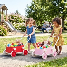 Baby Push Walker w/Wheels,Toddler Play Wagon w/Foldable Handlebar Storage Basket