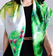 100% Silk 34" large Square Scarf Women Shawl Wrap floral green red yellow MY192