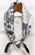 21”X21"Black White Paisley Print Pure Mulberry Satin Silk12momme Scarf 53x53cm