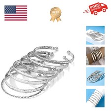 Silver Bangle Bracelet For Women 14k Plated Multi Layer Cuff Bracelets Set Tr...