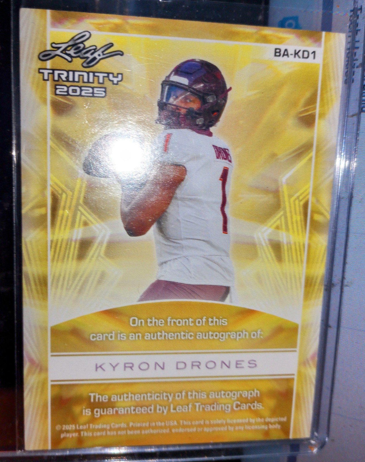 KYRON DRONES 2025 LEAF TRINITY FOOTBALL #ED 1/1 AUTO Virginia Tech Hokies view 4