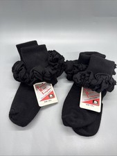 Vintage Frilly 90s Anklets Socks Girls 7-8.5 Double Ruffle Cuff USA Cotton Black