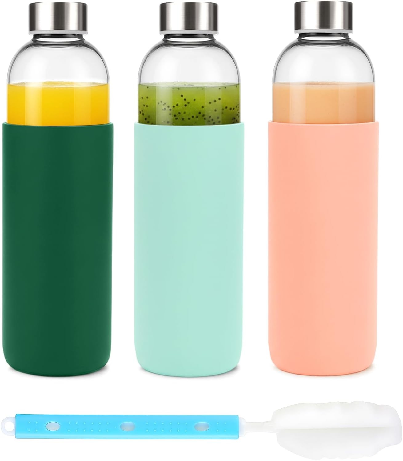  [10 Pack] 18 oz Glass Water Bottles with Lids, Juice Bottles, Clear glass juice
