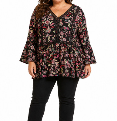 Avenue Top Womens Plus Size 5X Black Floral Boho Tunic Bell Sleeve Peasant NWT
