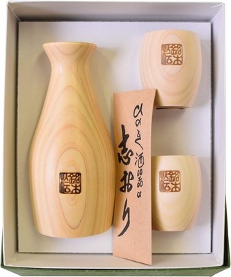 Japan Hinoki Wood Sake Set Tokkuri Decanter Guinomi Cup 3pc Kiso Kogei Cypress