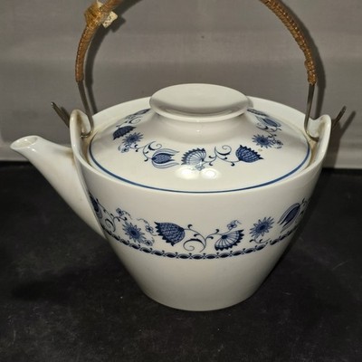 Vintage Noritake Blue Rhapsody Teapot Cook N Serve White Porcelain Bamboo Japan