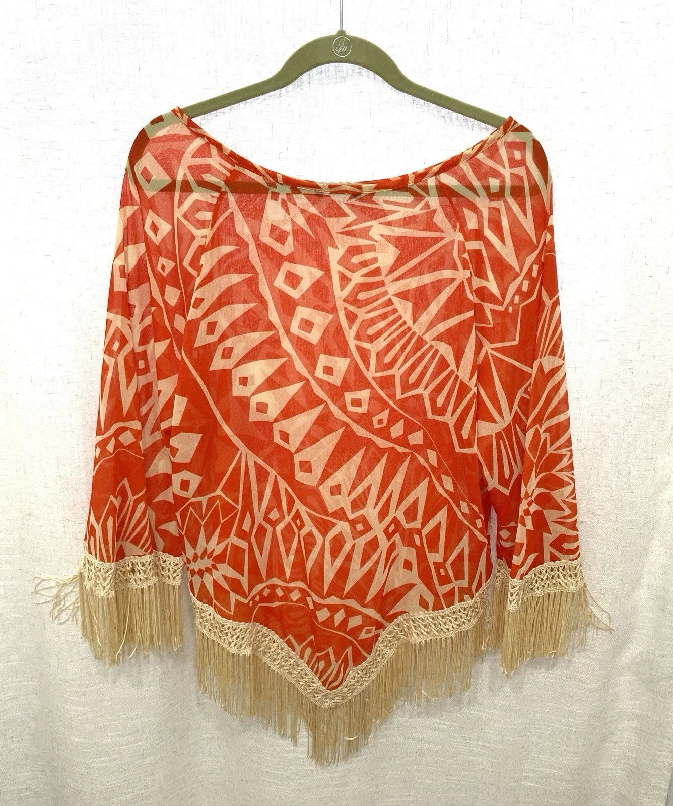 Cha Cha Vente Top Women M Orange Cream Boho Fringe Festival Poncho Blouse