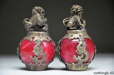 CHINESE PAIR OF Tibet SILVER DRAGON Jade Foo dog STATUE Gift!