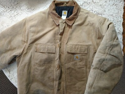 #ad Vtg Carhartt Brown Duck Chore Coat Arctic Quilt Lined Oil Stained Faded 2XL? $52.00
