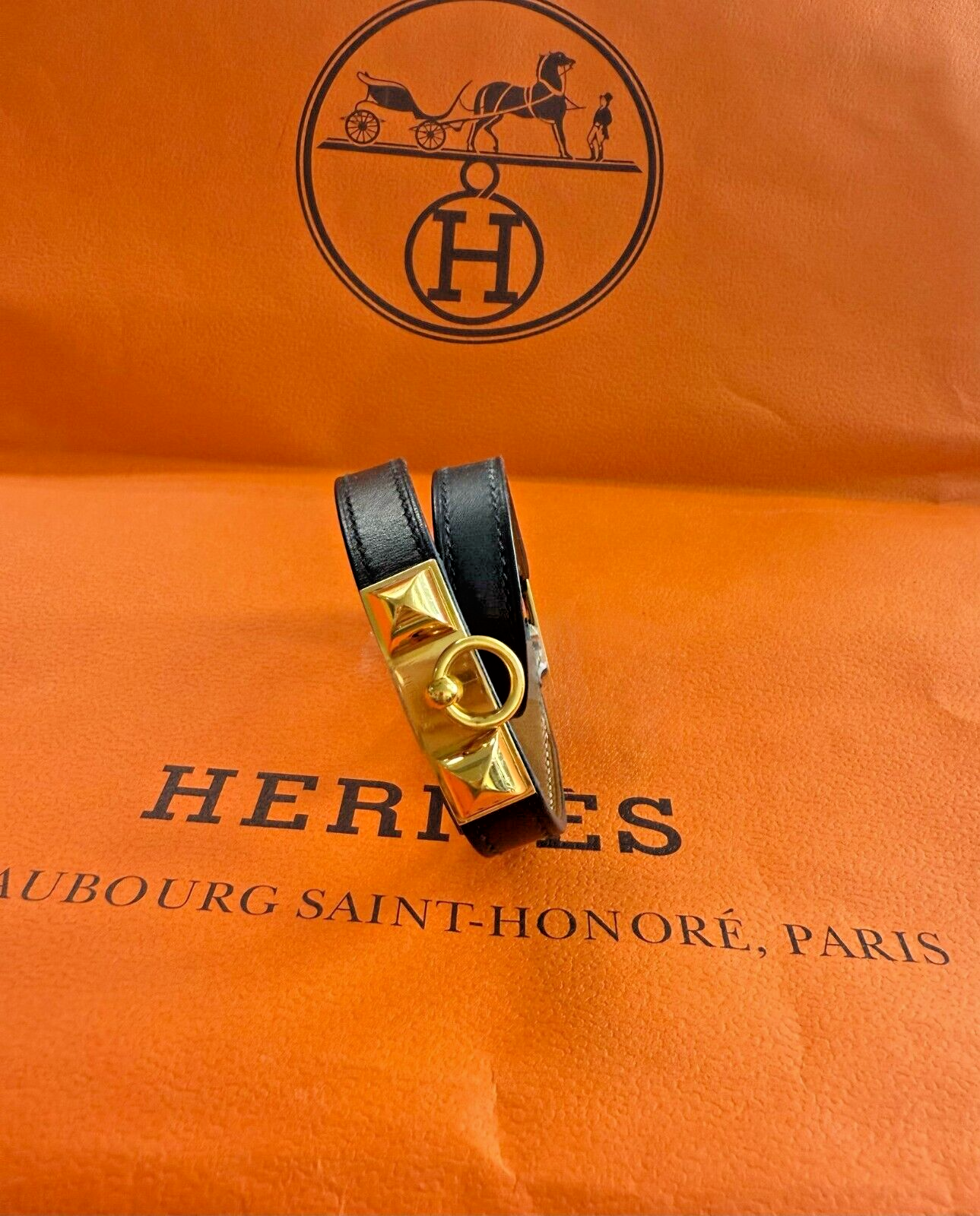 Hermes Rival Double Tour Black Gold Bangle Bracelet Size S Preowned Excellent Condition-image