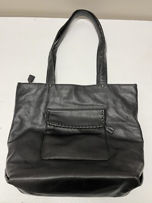 Esprit Black Leather Tote Bag Zipper Closure Whipstitch front pocket
