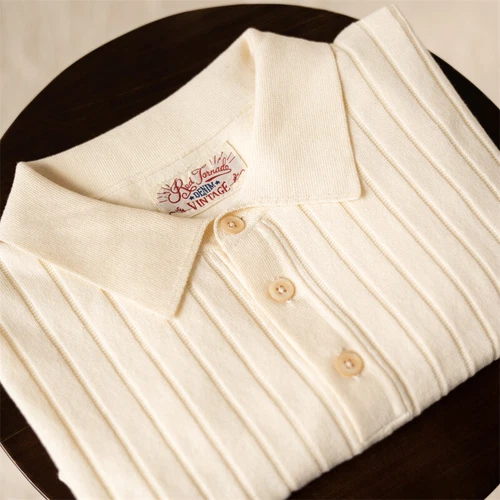Camisa Tejida Vintage Moda Rayas Manga Corta Camisetas Hombres Camisa Suéter - Imagen 4 de 27