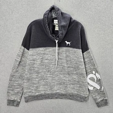 PINK Victoria's Secret Women Sweatshirt L Gray Colorblock Cowl Neck Drawstring