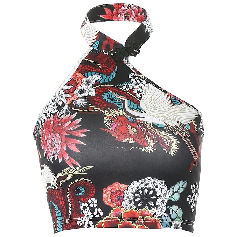 Women's Chinese Style Backless Dragon Printed Summer Halter Tank