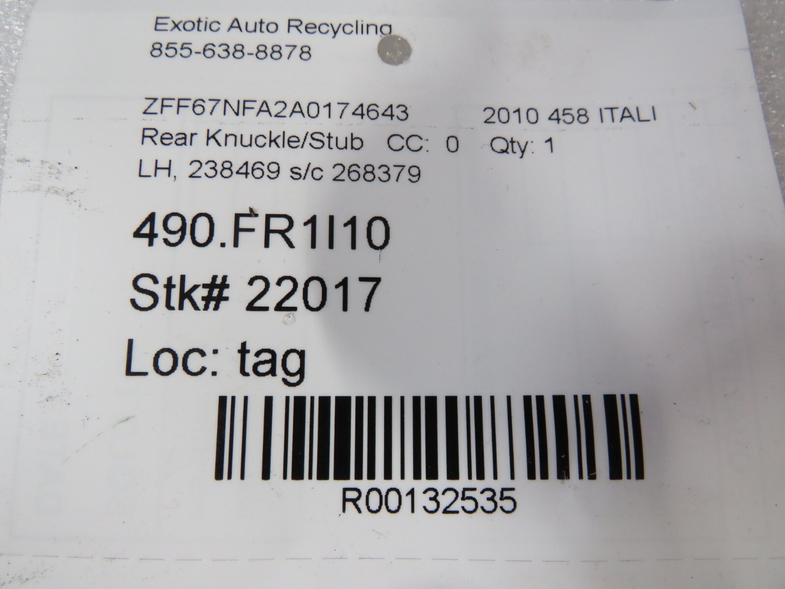 Ferrari 458, California, LH, Left, Rear Knuckle, w/ Hub, Used, P/N 238469