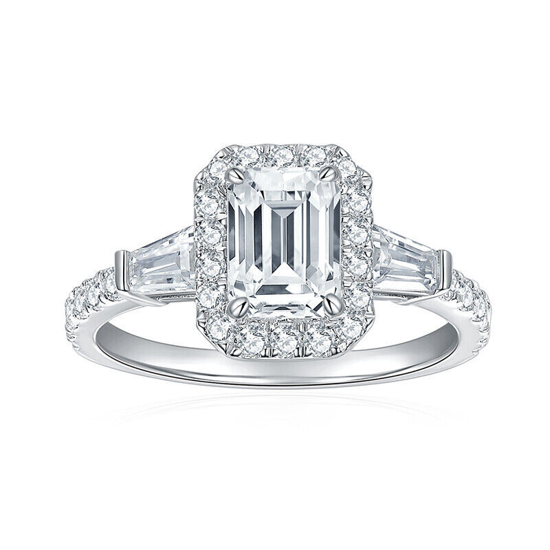 1Ct Emerald Cut Moissanite Engagement Ring in Sterling Silver