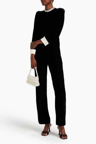 SANDRO Jumpsuit mit Perlen verzierter Plissee Samt schwarz FR 36 neu mit Etikett