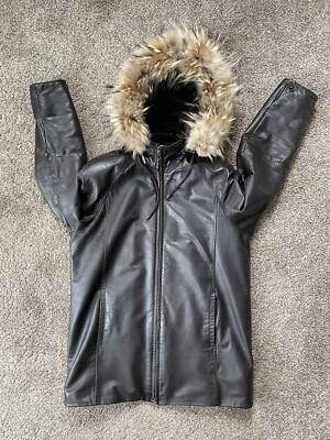 VTG 3/4 Leather Jacket Racoon Fur Hood Zipper Dupont Thermolite
