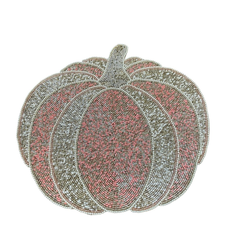 TAHARI Beaded PINK PUMPKIN Placemat 15in Gold Silver White Designer