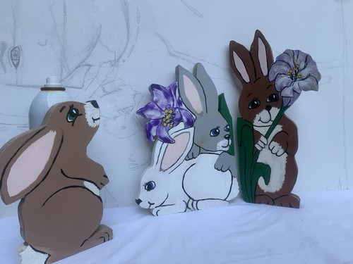 Bunny Rabbits 3 Handpainted Wood Indoor outdoor Shelf sitting 12" Tallest Spring