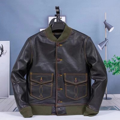 Men Jacket Real Leather Sheep Skin Pilot Flying Leather Coats Pockets Varsity