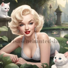 Digital Image Desktop Wallpaper AI Art - Marilyn Monroe in a Garden With Kittens