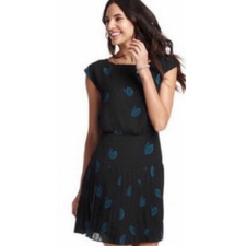 Ann Taylor Loft Black Green Heart Sleeveless A-Line Pleated Swing Dress Size 6