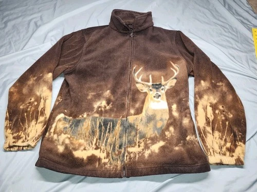 WildKind AOP deer Full Zip Soft Fleece Jacket Size Large L Pockets Brown  - product listing photo