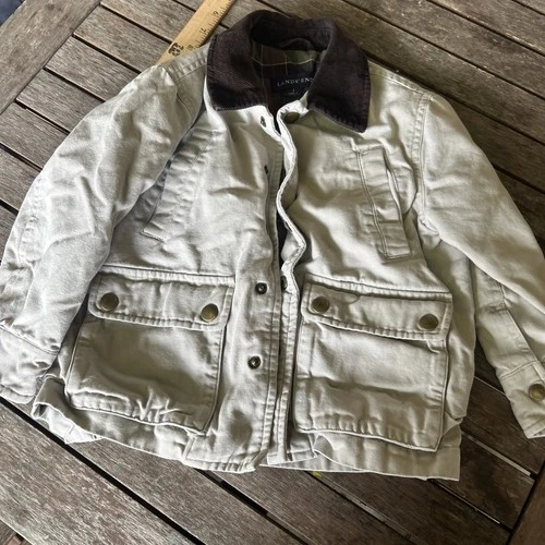 Youth Chore Coat Lands End Insulated Canvas Jacket Sz 4 Corduroy Collar Khaki