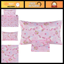 Cozy Unicorn Pink Flower Twin Bed Sheet Set - 100 Cotton Kids Bedding, Fun So