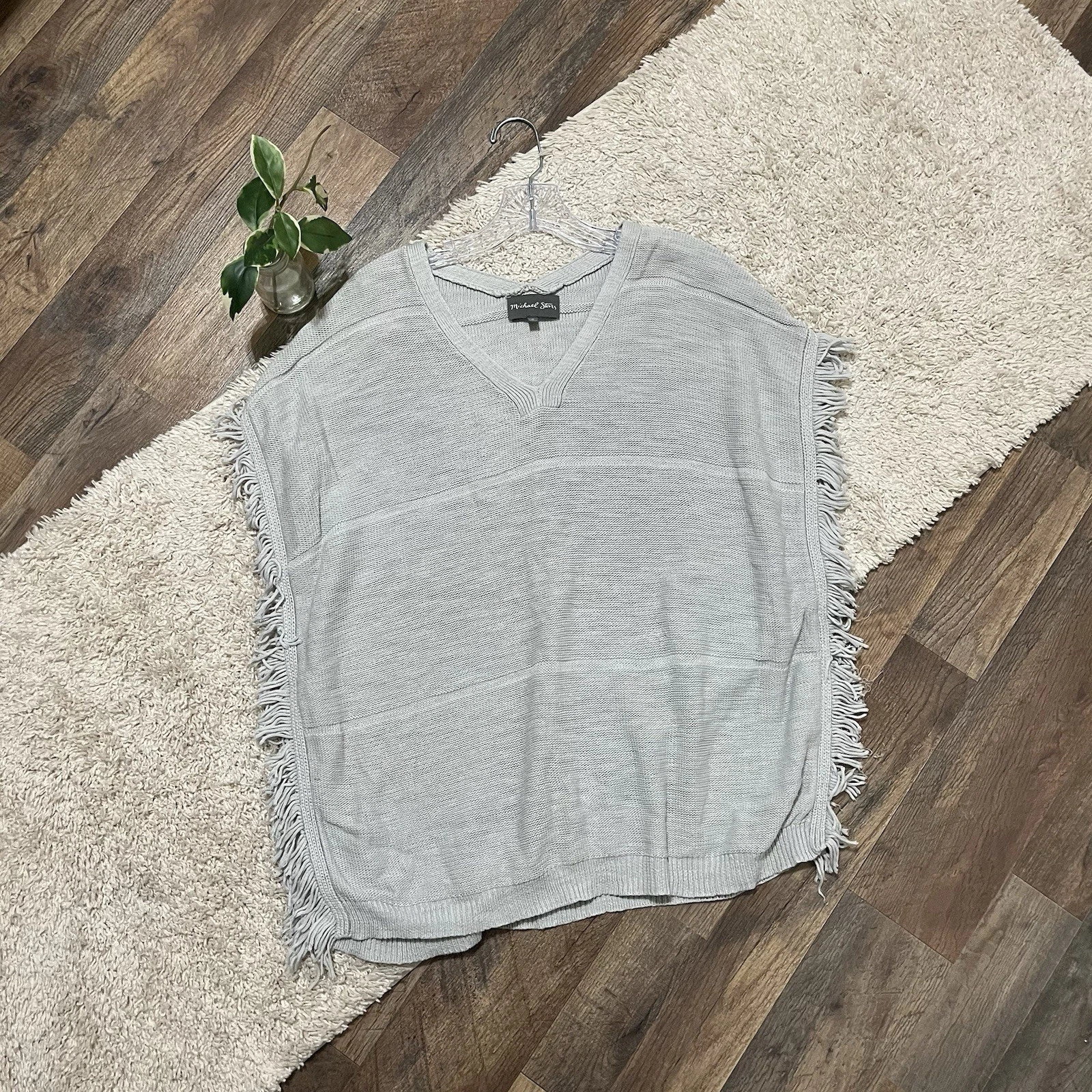 Michael Stars Size Medium Gray Fringe Trim V-Neck Pullover Poncho Sweater