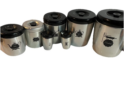 #ad West Bend Brushed Silver Aluminum Nesting Canister Set of 7 w Lids USA VTG MCM $49.95