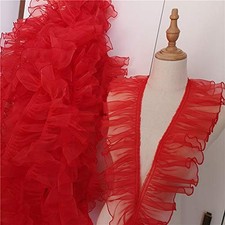 10cm Width x 5 Yards Length Organza Ruffled Pleated Lace Fabric Trim Red Red