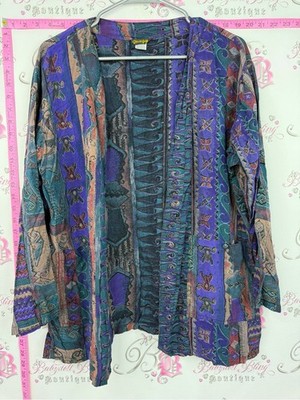 Fengy vintage Colorful Geometric Patchwork Open Cardigan - Purple Teal Multi
