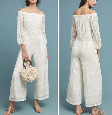 Farm Rio Elliott Lace Jumpsuit XS Ivory Paisley Boho Anthropologie Chic