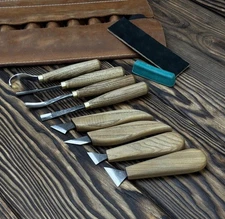 9-Piece Wood Carving Tools Set with Leather Roll – Hand Forged Chisels & Knives