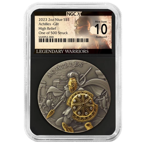 2023 Achilles 2 oz High Relief Silver Antiqued & Gold Gilded NGCX MS10 Le...